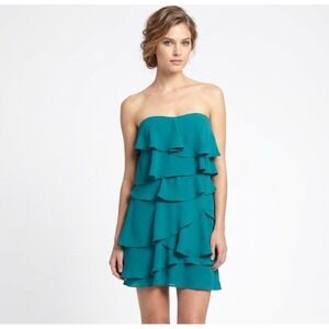 BCBGMAXAZRIA Teal Ruffle Strapless Cocktail Dress